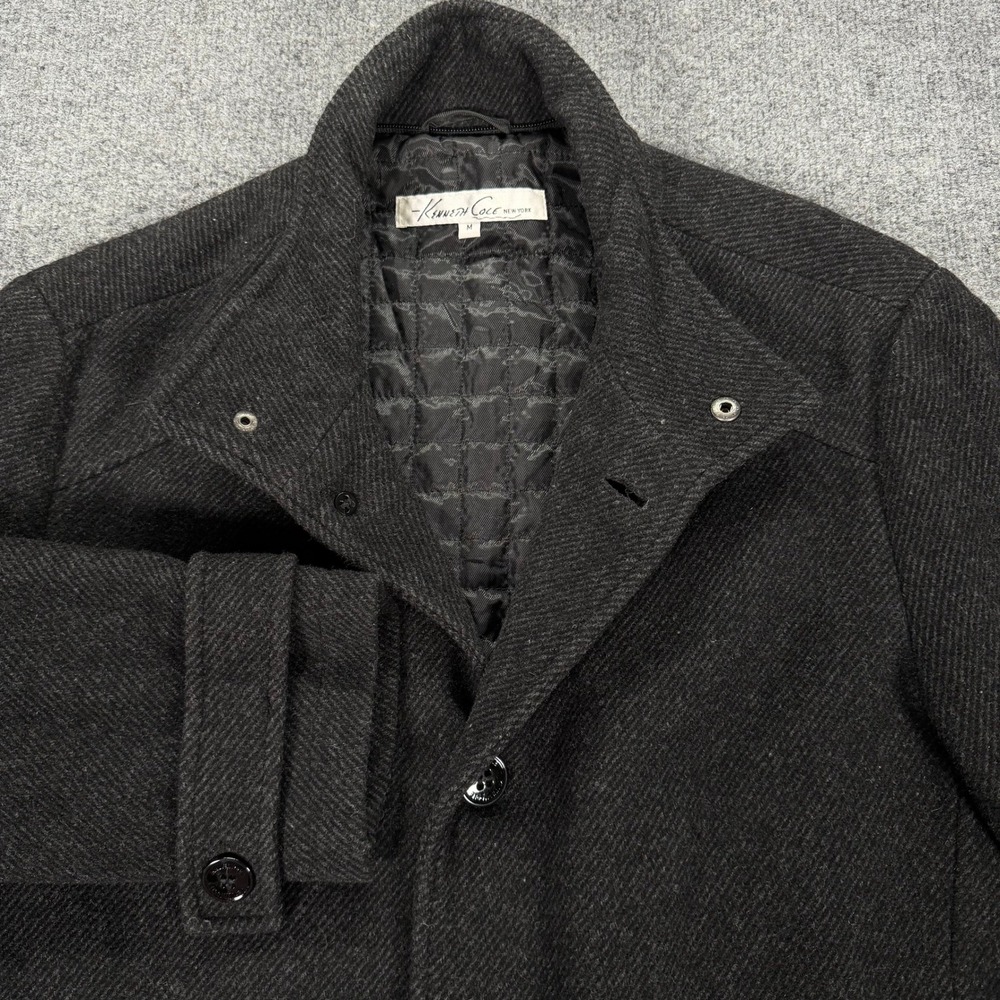 Kenneth Cole New York Mens Wool Blend Car Coat Charcoal Gray Herringbone Medium